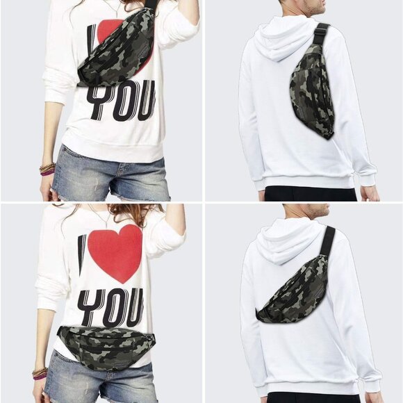 Women Men Camo Green Large Crossbody Fanny Pack Belt Bag Hands-Free Waist Pack - Picture 2 of 6